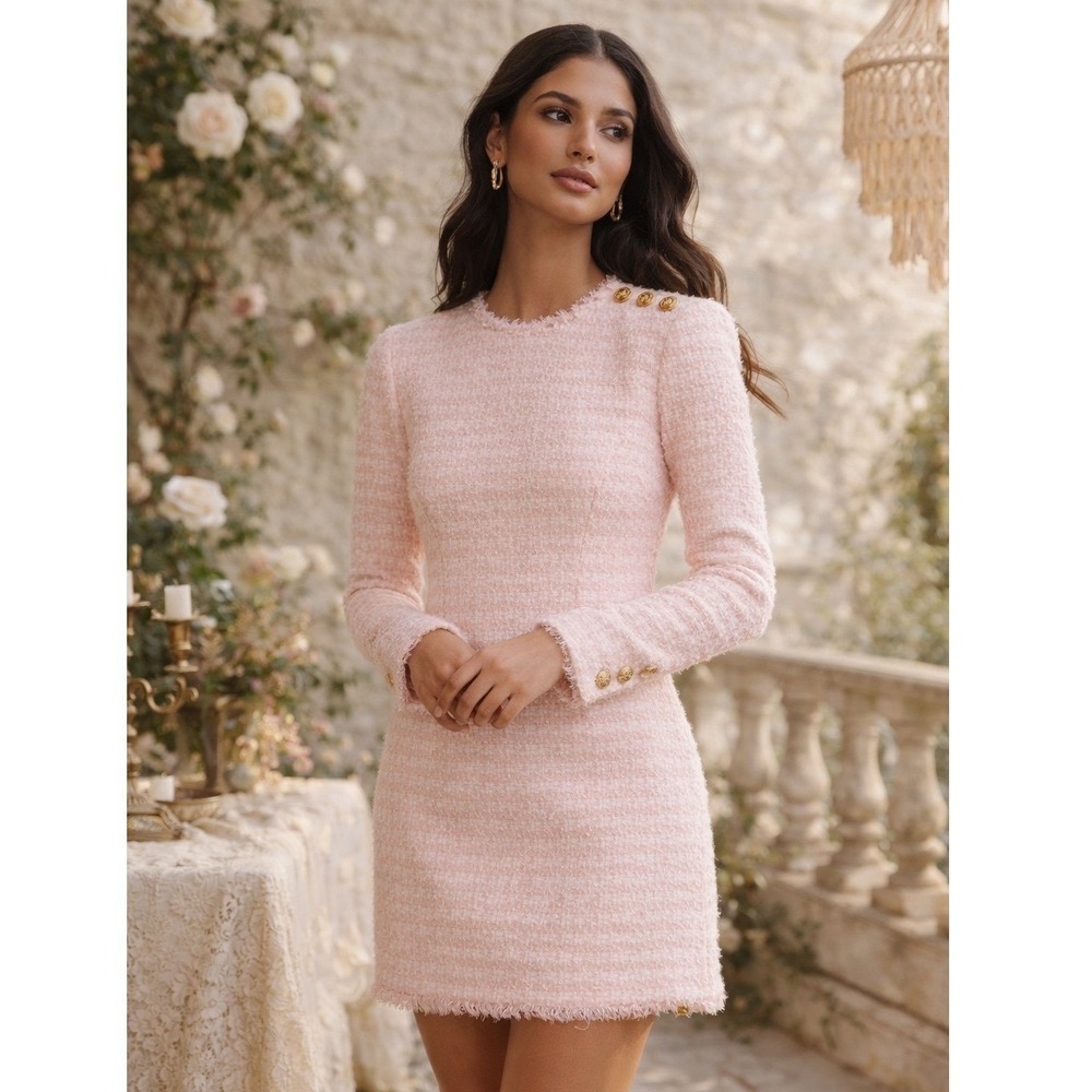 Balmain‎ Paris Pink Tweed Mini Dress Gold Buttons Back Zip NWT 40 US 6 Old Money